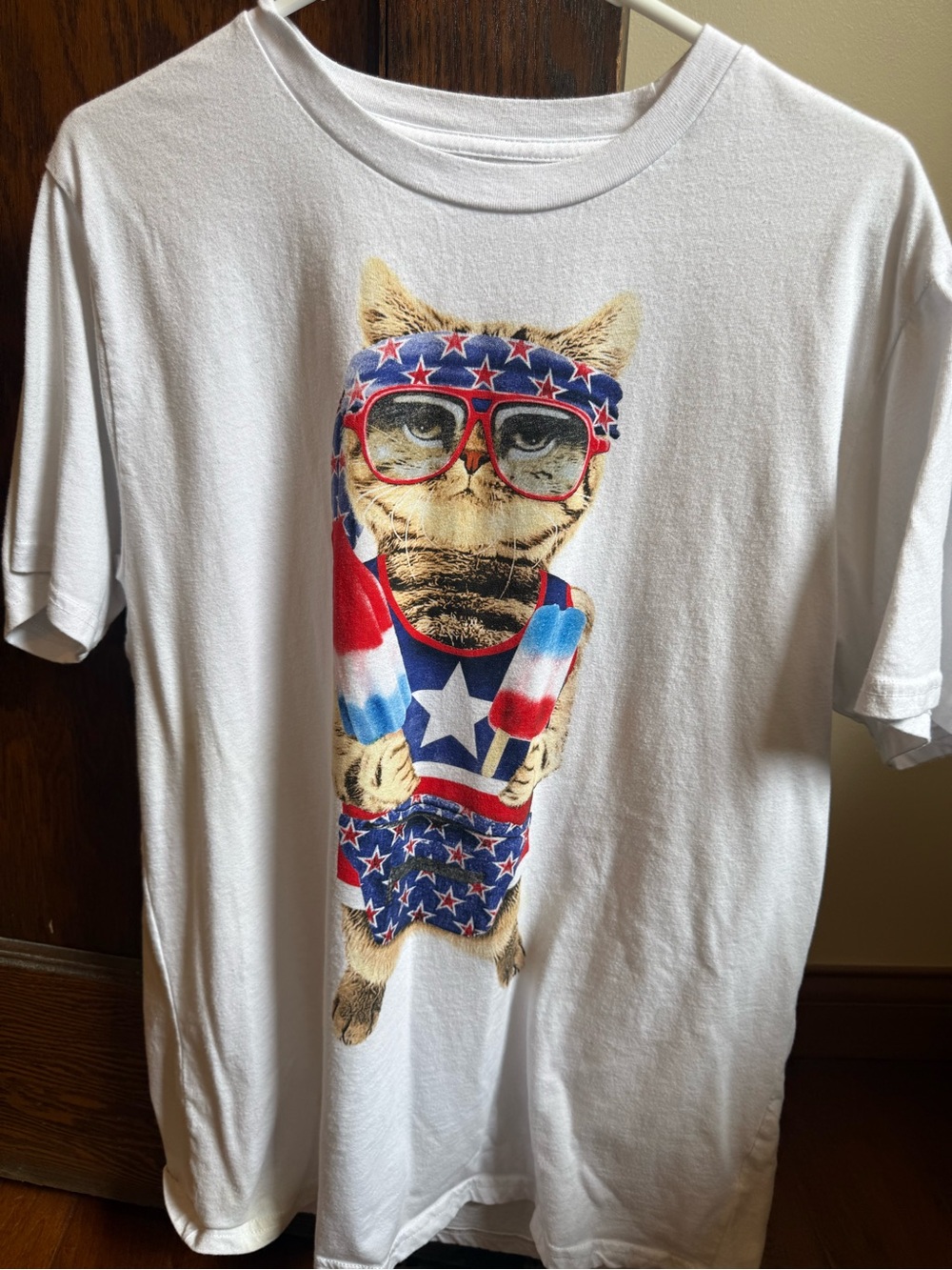 Men's White Graphic Cat Tee with Red & Blue Stars